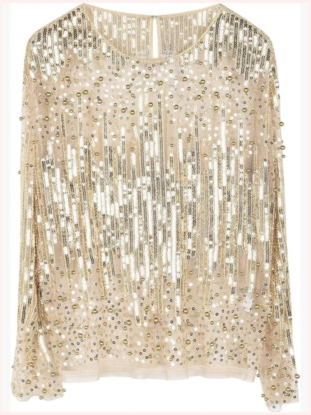 Sequin Blouse Long Sleeve Sparkly See Through Party Top Beaded Sheer
